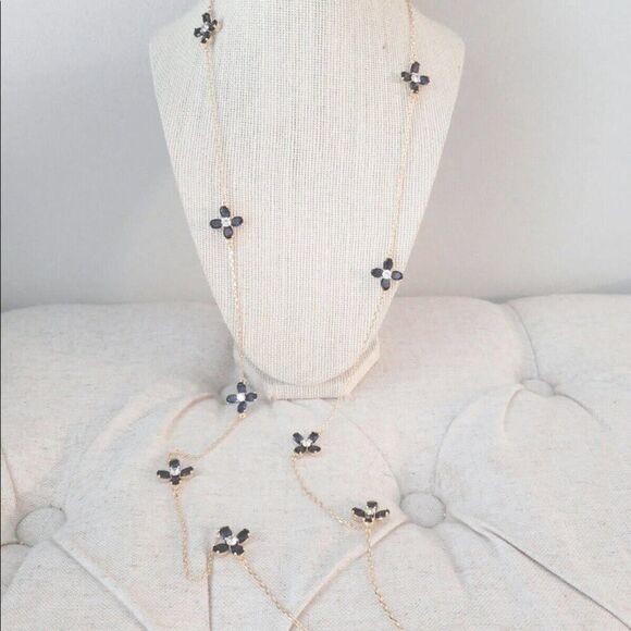 NWT Tory Burch Gold Blue Zircon Four Leaf Clover Elongated 21 in. Neckla… - Picture 1 of 11